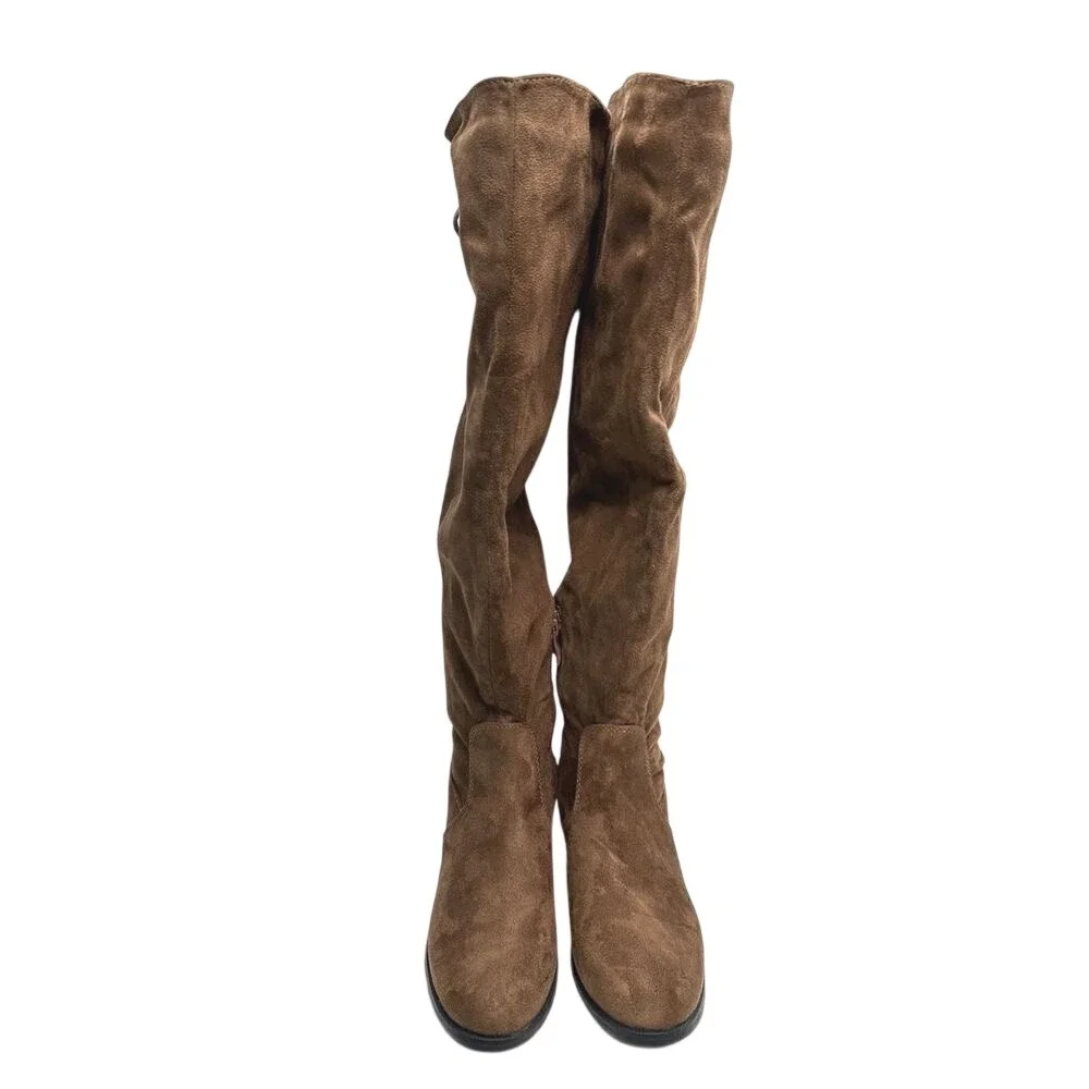 French Connection Brown Vegan Suede Lace Up Over The Knee Boots Low Heel Size 6